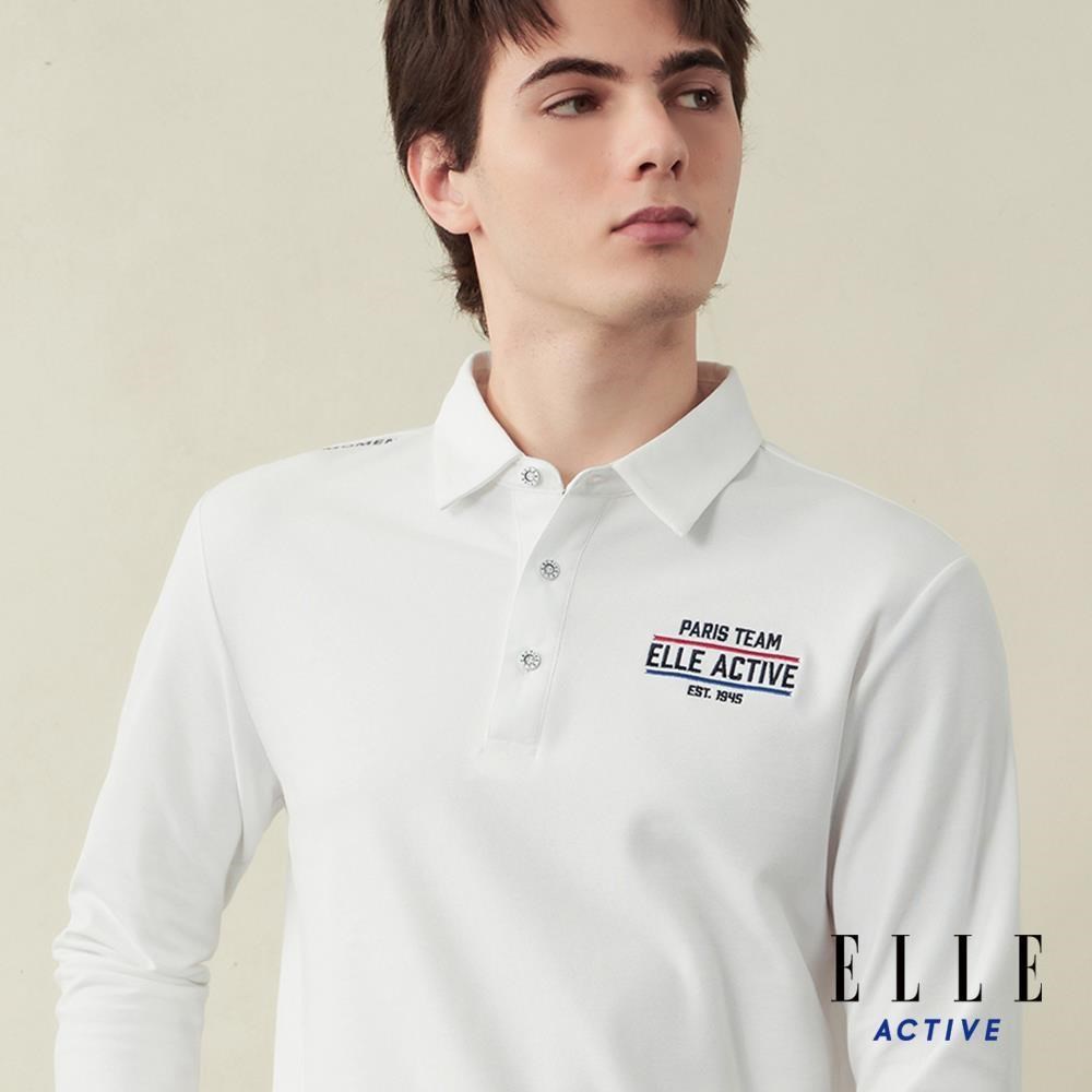 ELLE ACTIVE 男款 經典品牌刺繡吸濕排汗機能修身版長袖POLO衫-白色 (EA25A2M1401-90)