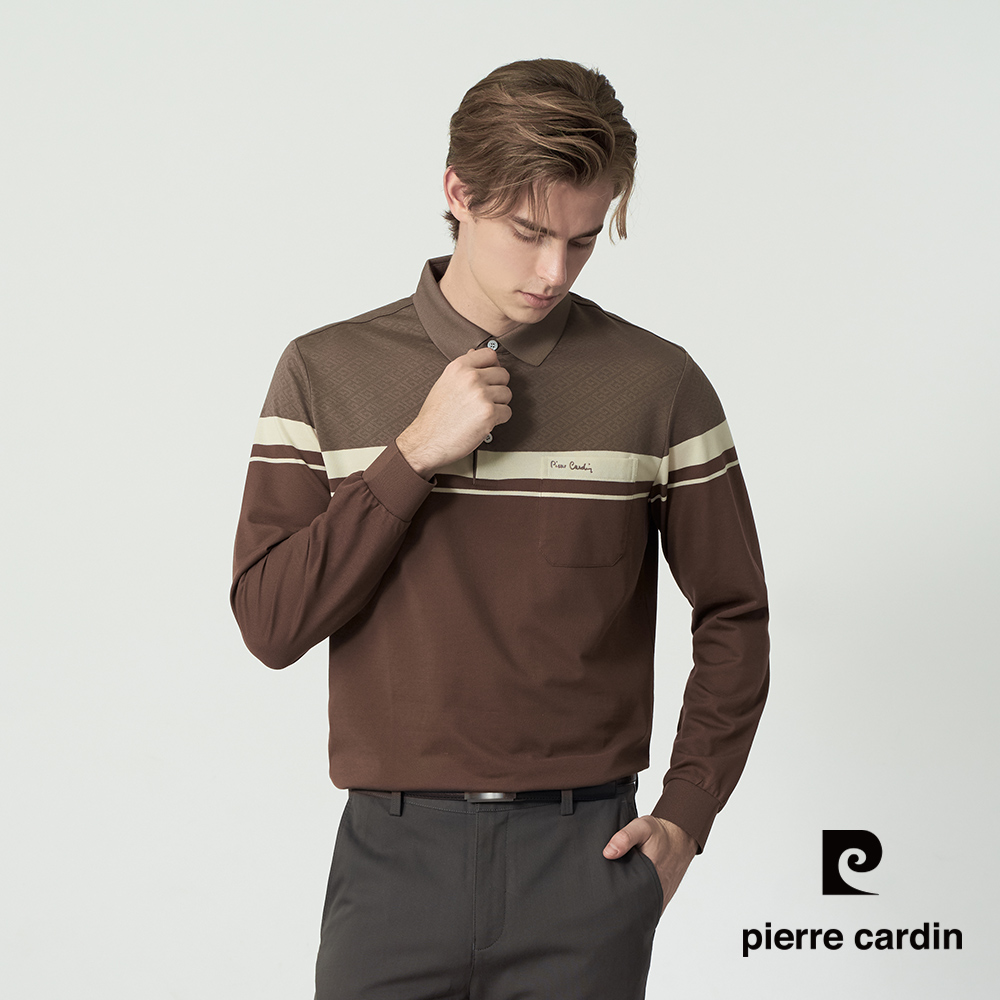 Pierre Cardin 皮爾卡登 男款 質感拼接條紋長袖POLO衫-咖啡色 (5255204-88)