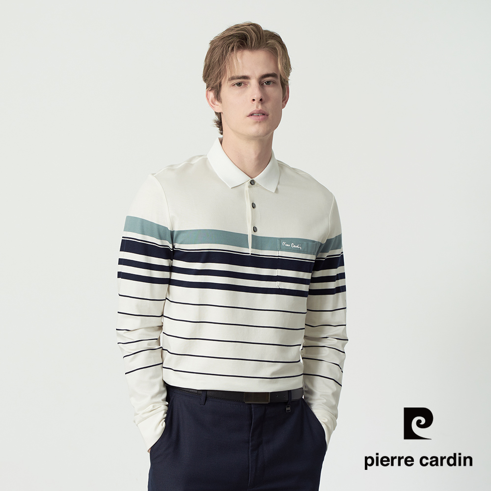 Pierre Cardin 皮爾卡登 男款 撞色條紋長袖POLO衫-白色 (5255232-90)