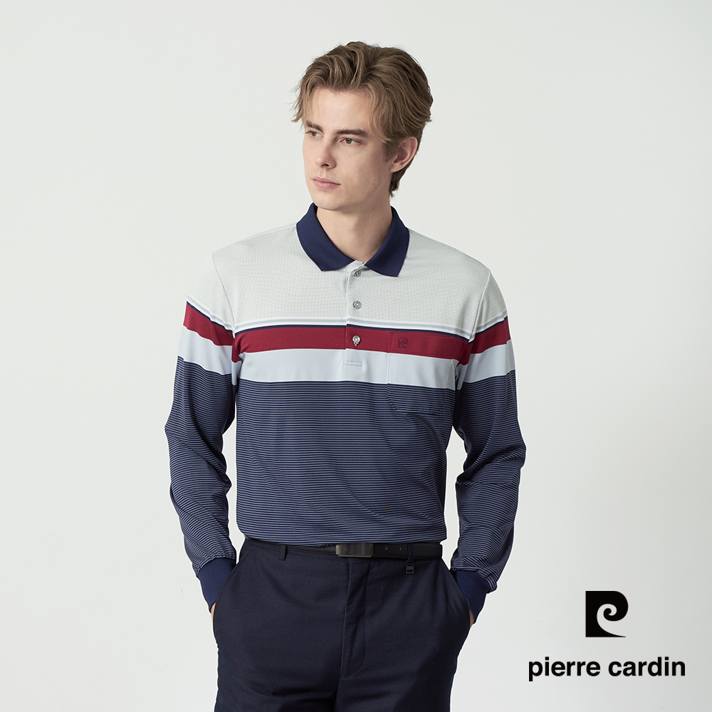 Pierre Cardin 皮爾卡登 男款 質感撞色條紋設計長袖Polo衫-深藍色 (5255252-39)