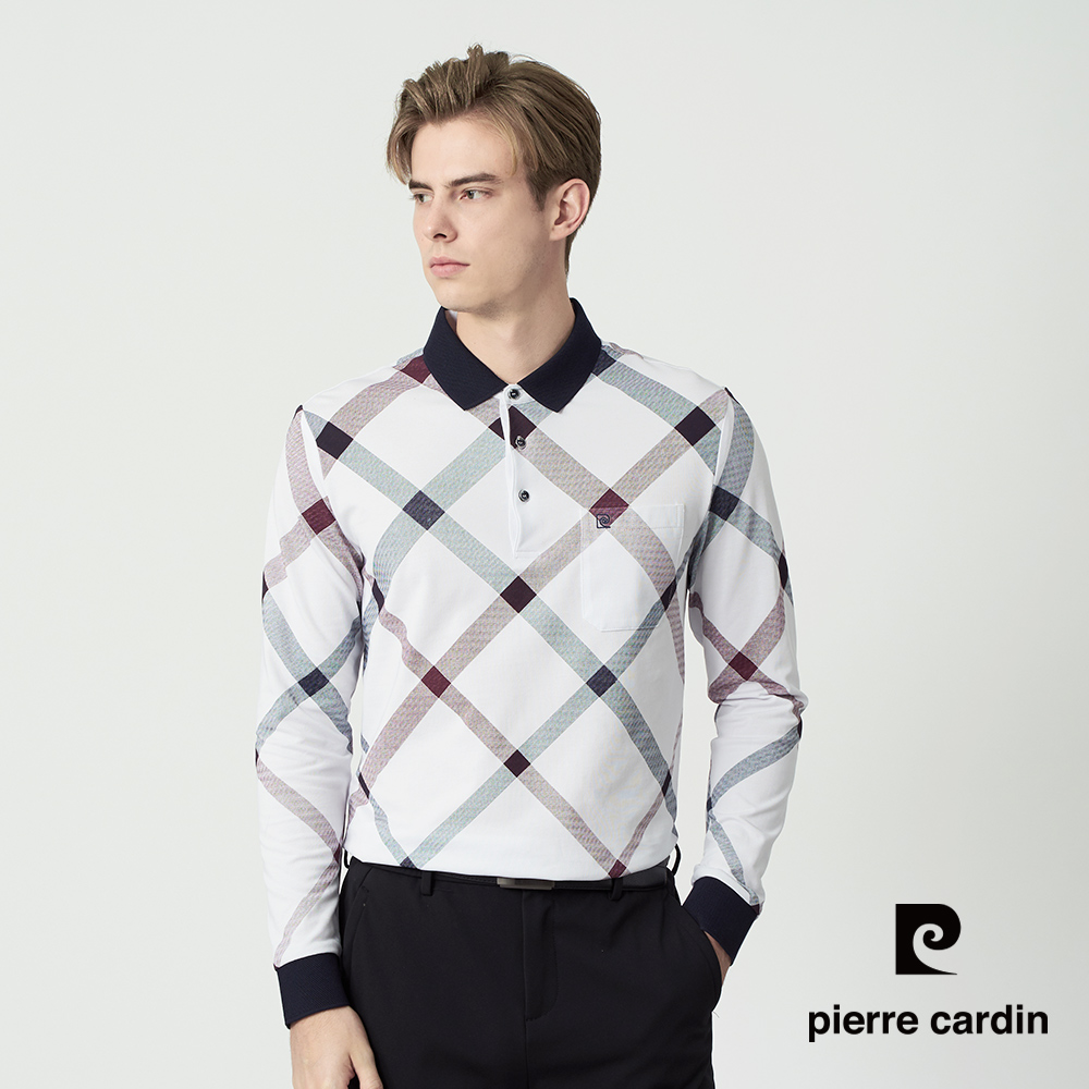 Pierre Cardin 皮爾卡登 男款 格紋撞色長袖POLO衫-白色 (5255264-90)