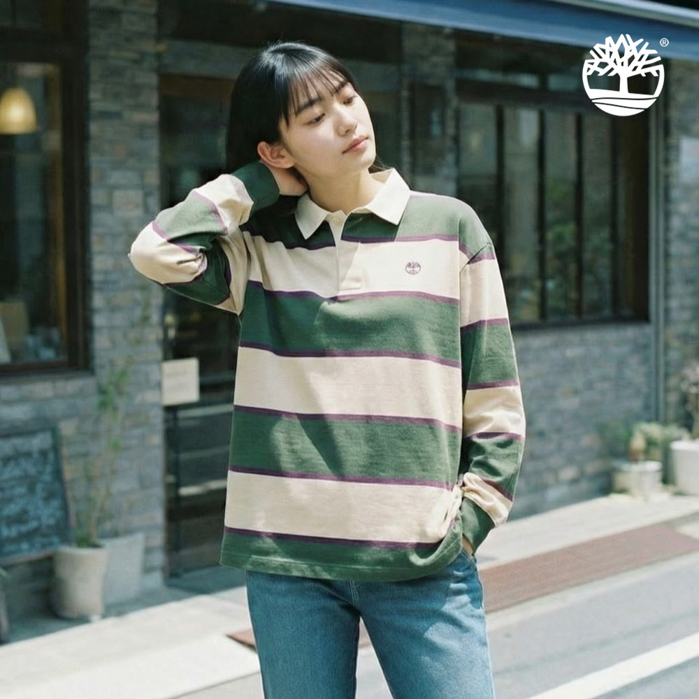 Timberland 中性松綠色寬版橄欖球POLO衫｜A2Q4TADX