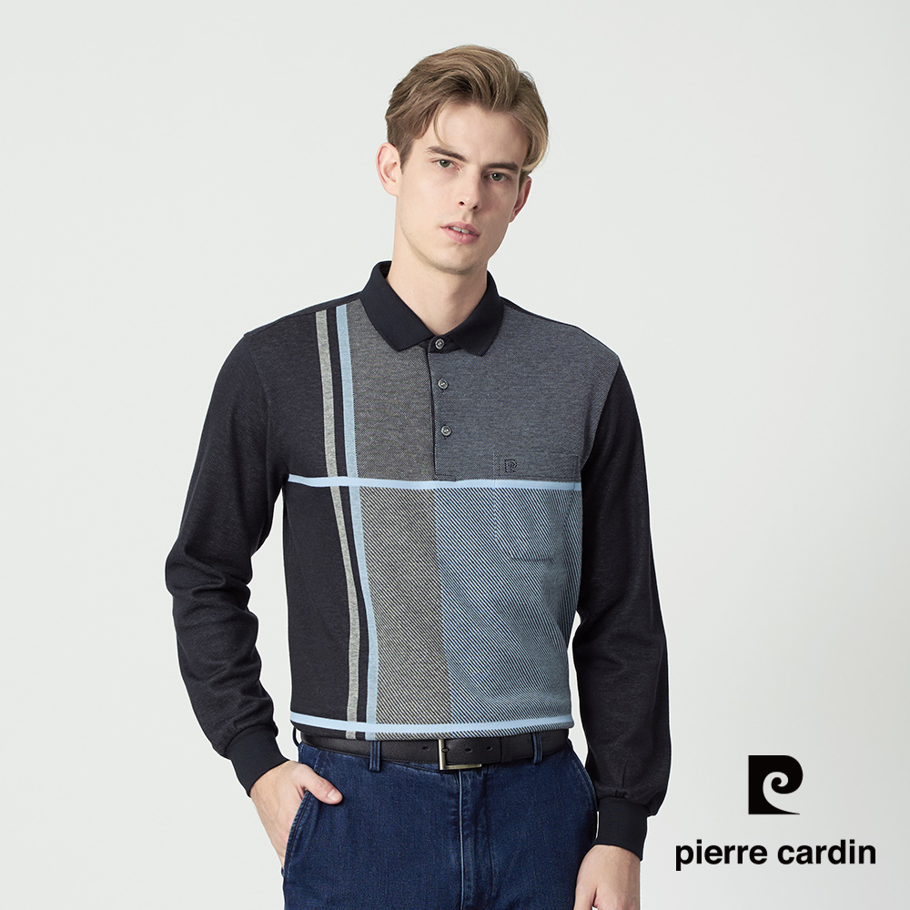 Pierre Cardin 皮爾卡登 男款 格紋拼接厚長袖POLO衫-藍色 (5255274-39)