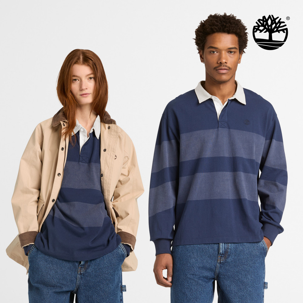 Timberland 中性深藍色寬版條紋長袖橄欖球Polo衫｜A5SPY451