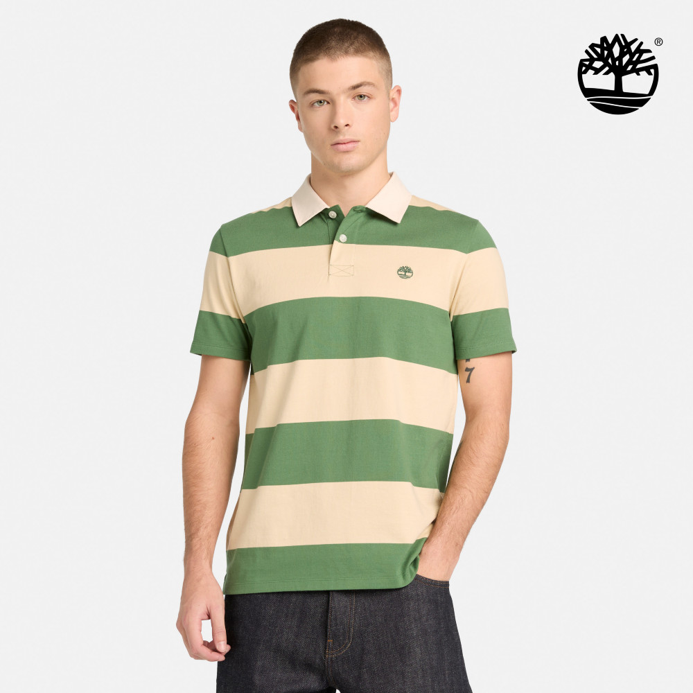 Timberland 男款綠色橄欖球條紋短袖Polo衫|A6BSRACN