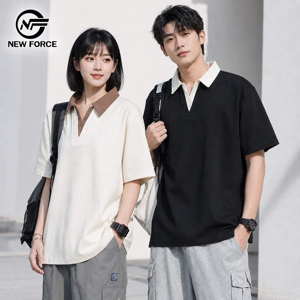 NEW FORCE 森沐微風男女款拼色短袖翻領POLO衫(情侶衣/POLO衫/男女同款/女裝/男裝/休閒上衣/運動服)