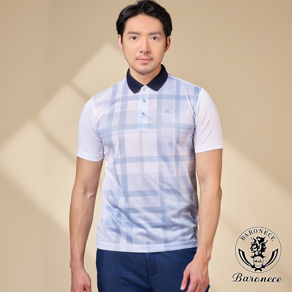 BARONECE 夏日清新格紋短袖POLO衫_灰白(1228201-90)