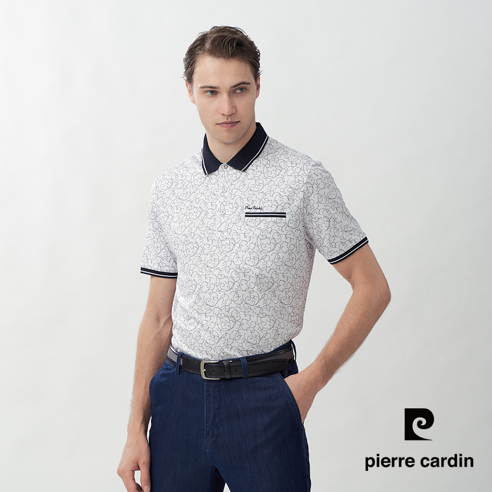 Pierre Cardin 皮爾卡登 男款 平紋印花束口袖短袖POLO衫-白色 (5267210-90)