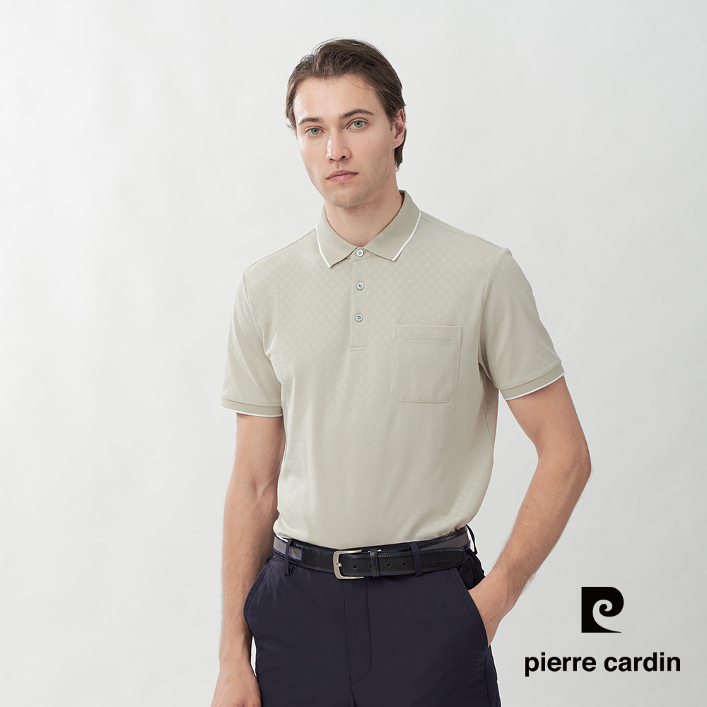 Pierre Cardin 皮爾卡登 男款 素面緹花束口袖短袖POLO衫-卡其色 (5267212-82)