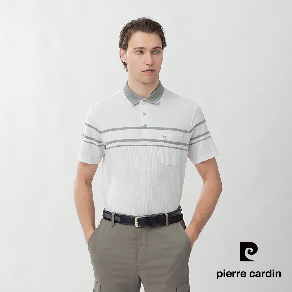 Pierre Cardin 皮爾卡登 男款 暗紋定位條短袖POLO衫-白色 (5267231-90)