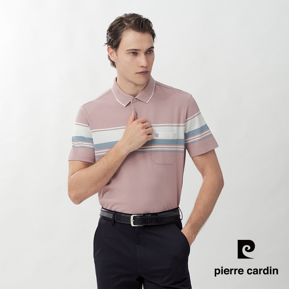 Pierre Cardin 皮爾卡登 男款 暗紋定位條短袖POLO衫-粉紅色 (5267232-72)