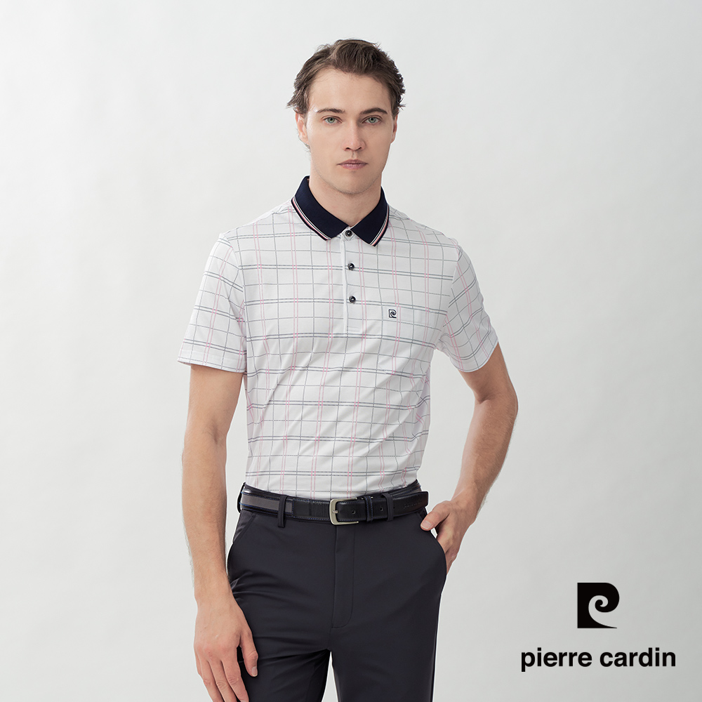 Pierre Cardin 皮爾卡登 男款 撞色領口格紋短袖POLO衫-粉紅色 (5267255-72)