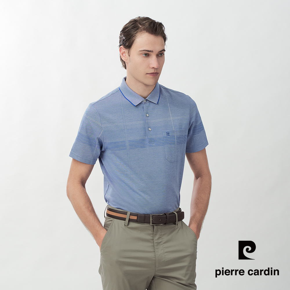 Pierre Cardin 皮爾卡登 男款 格紋胸前口袋短袖POLO衫-水藍色 (5267261-33)