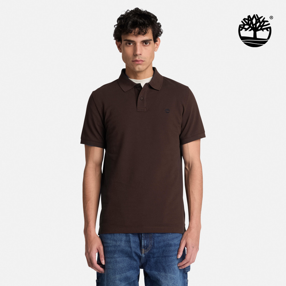 Timberland 男款深棕色刺繡LOGO短袖Polo衫|A2AC1C35