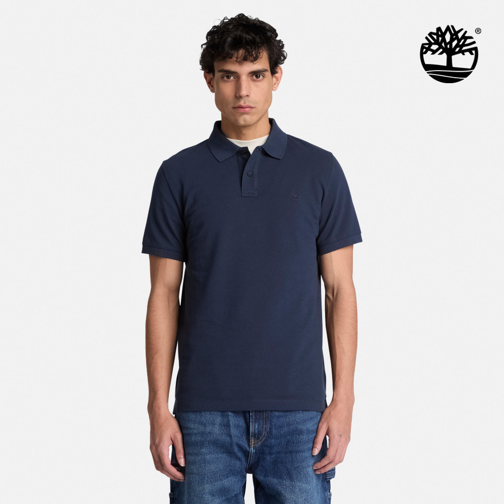 Timberland 男款深寶石藍刺繡LOGO短袖Polo衫|A2AC1433