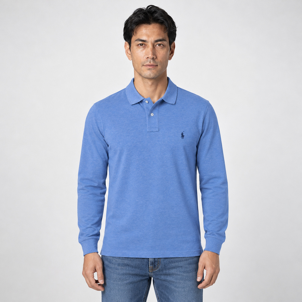 RALPH LAUREN POLO RL 熱銷刺繡小馬長袖Polo衫-水藍色