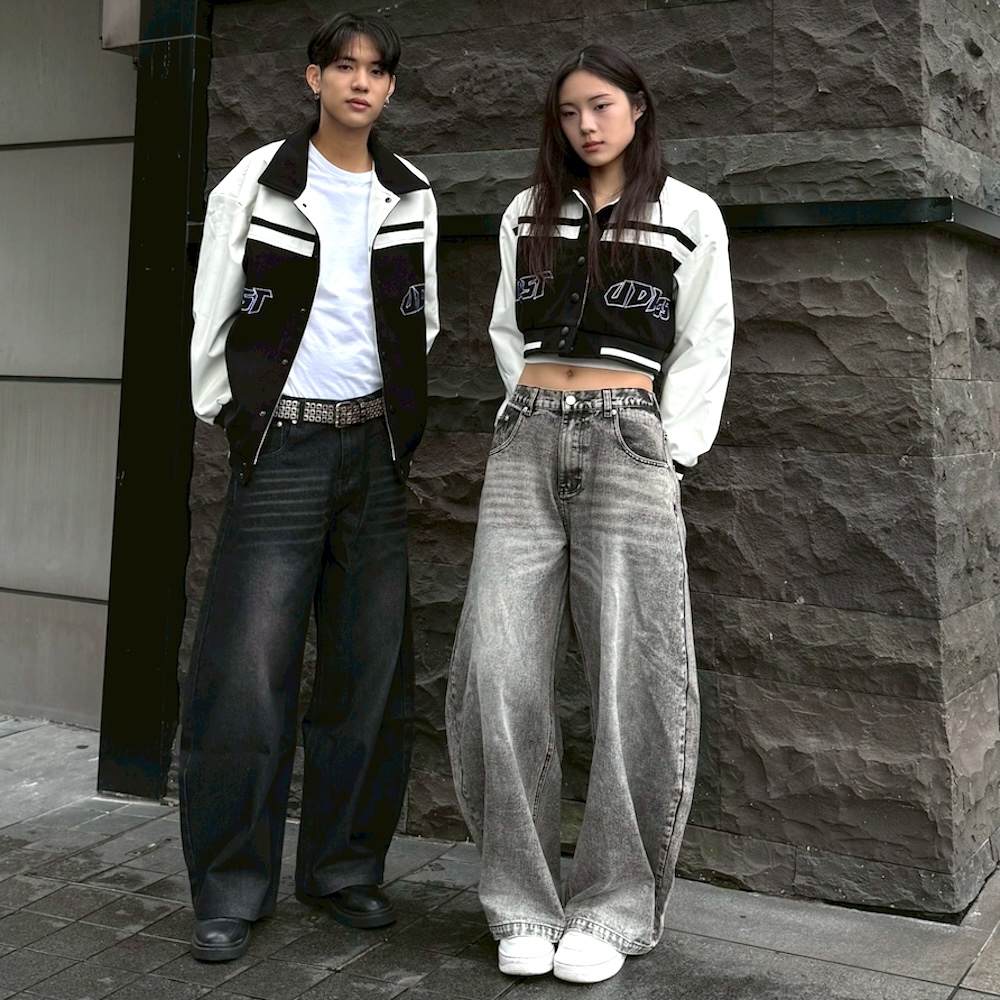 AMERO 愛馬歐 男女款 微彎刀牛仔褲 潑漆 水洗