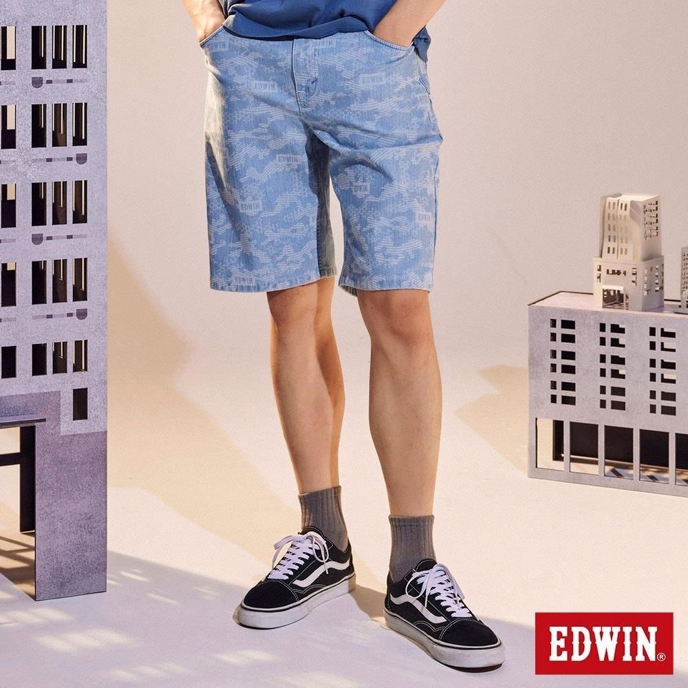 EDWIN 男裝 加大碼 EDGE JERSEYS 迦績動能迷彩LOGO合身牛仔短褲 (石洗藍)