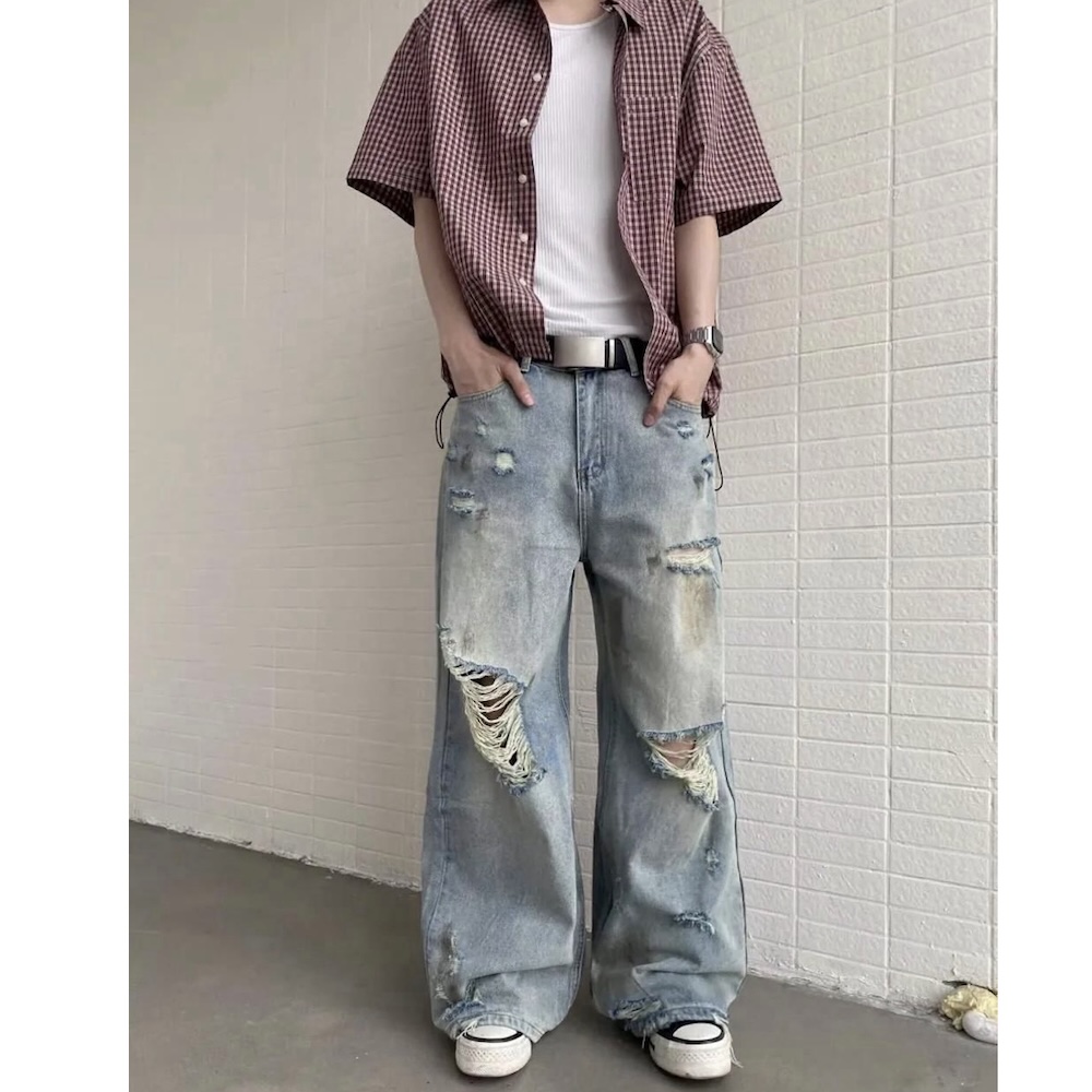 AMERO 愛馬歐 男女同款 直筒 牛仔褲 水洗 破壞