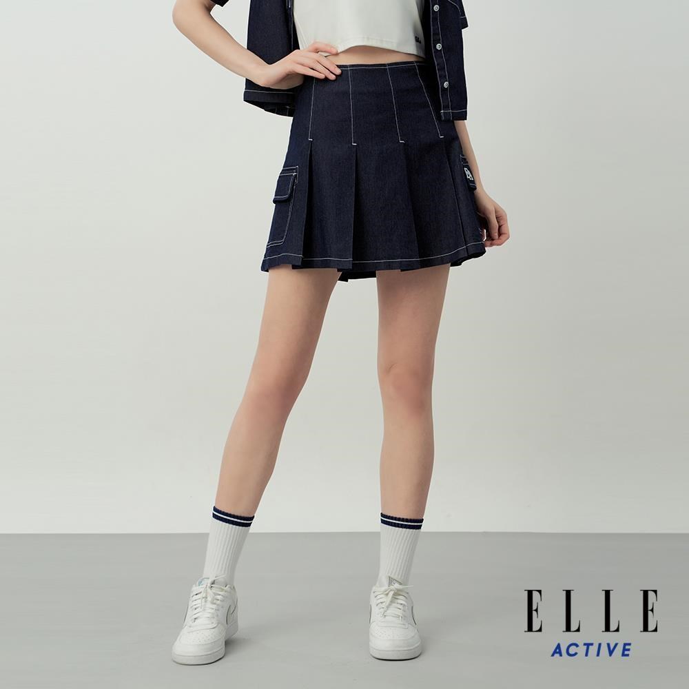 ELLE ACTIVE 女款 工裝口袋丹寧百褶短裙-深藍(EA26S2W2102-39)