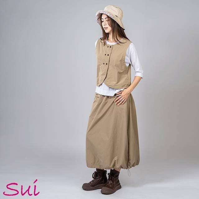 Sui服飾 一字口袋紅線裙-卡其