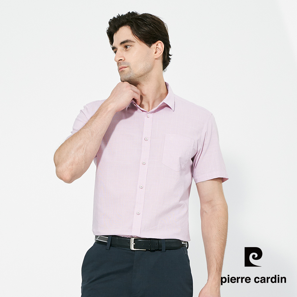 Pierre Cardin 皮爾卡登 男款 純棉吸濕速乾細格休閒短袖襯衫-粉紅色 (5257170-73)