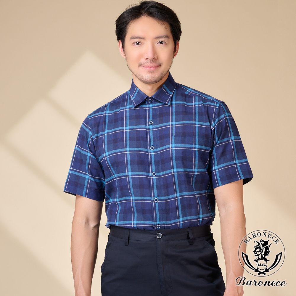 BARONECE 經典日系格紋純棉短袖襯衫_藍(525453)