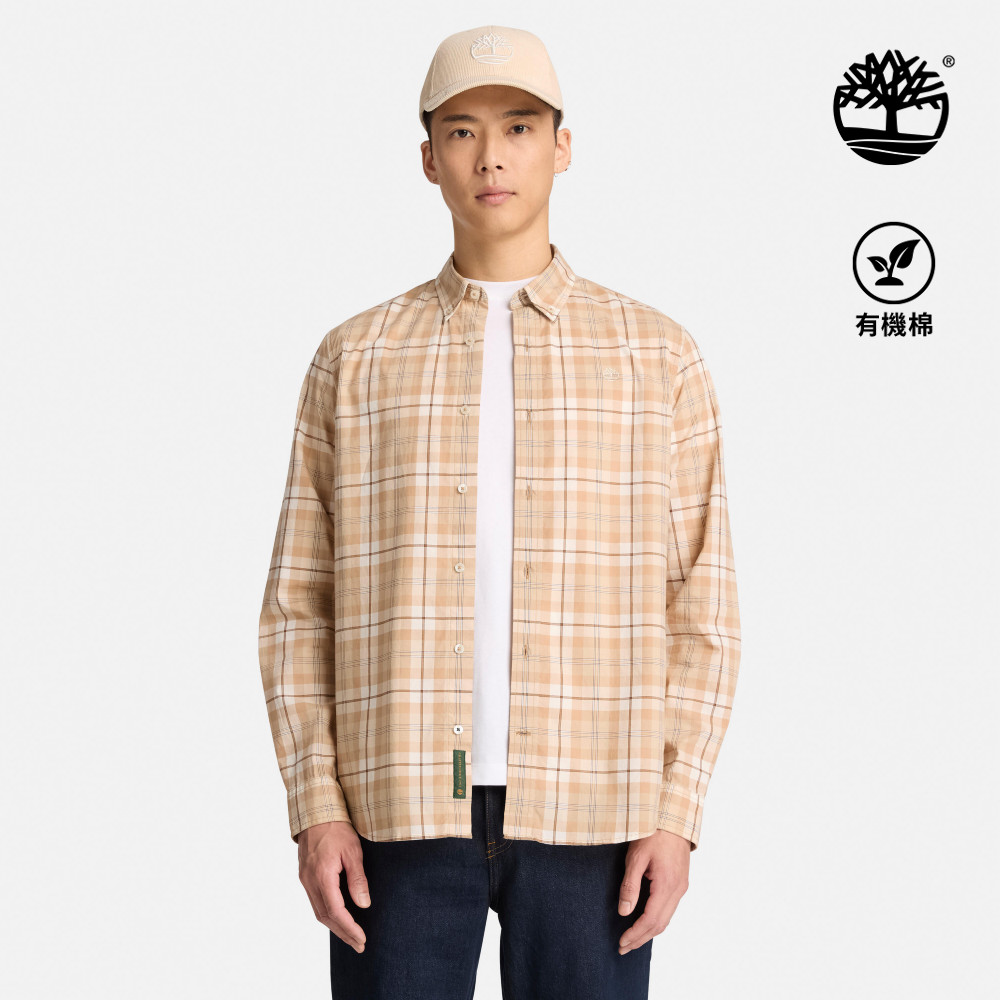 Timberland 男款淺褐色格紋長袖府綢襯衫|A2EYPAIB