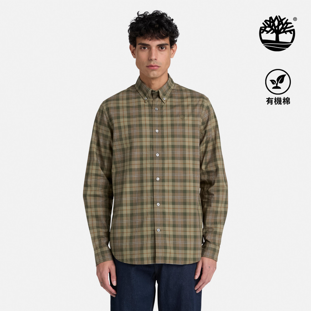 Timberland 男款深綠色格紋長袖府綢襯衫|A2EYPAIG