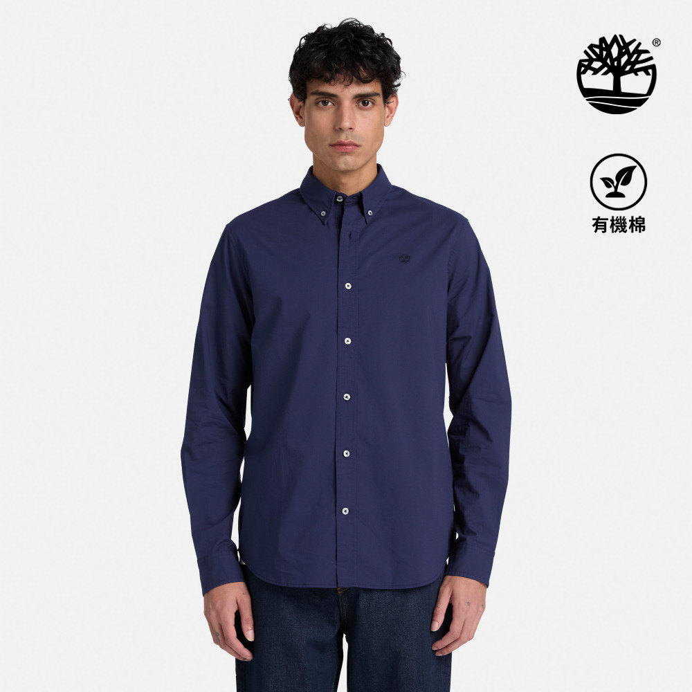 Timberland 男款海軍藍刺繡LOGO長袖府綢襯衫|A5TEQAIH