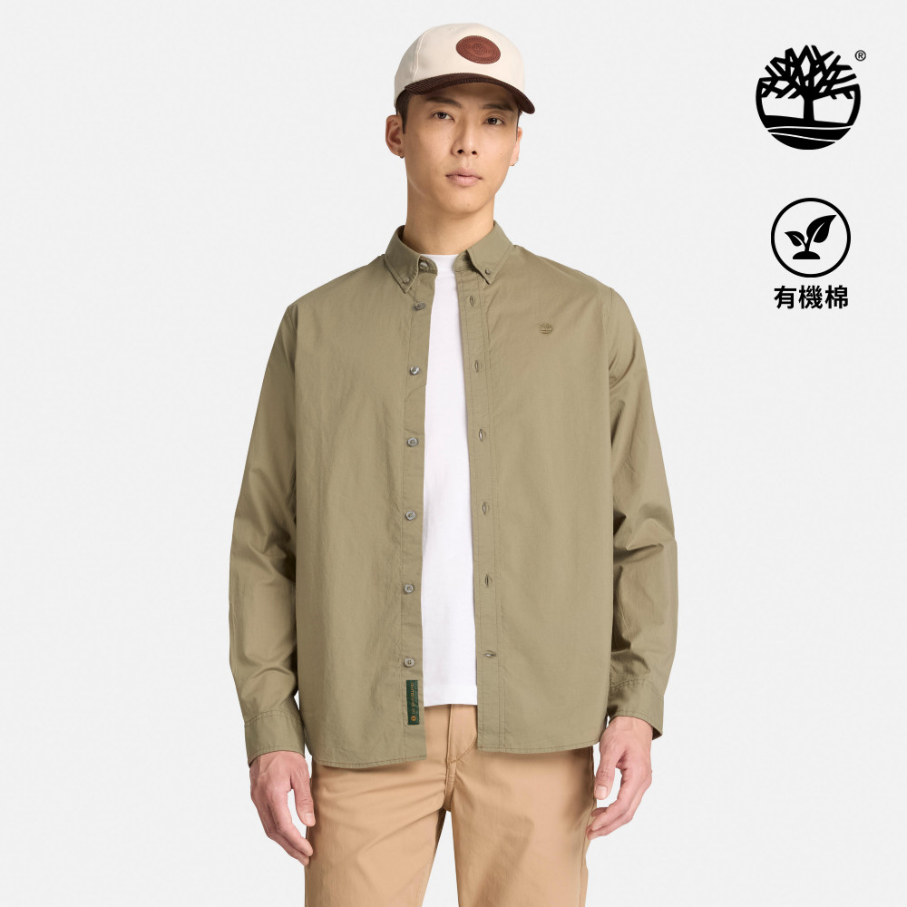 Timberland 男款灰綠色刺繡LOGO長袖府綢襯衫|A5TEQ991