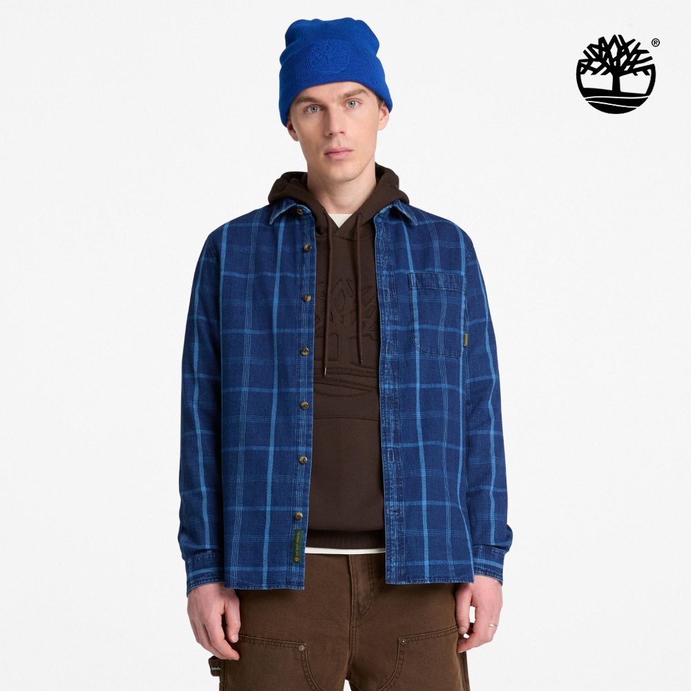 Timberland 男款靛藍色格紋休閒長袖襯衫｜A5TBCAIK