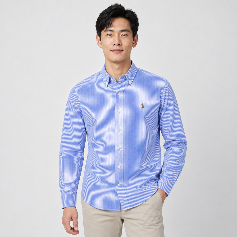 RALPH LAUREN POLO RL 熱銷刺繡小馬長袖襯衫(泡泡紗)-藍白直條紋色