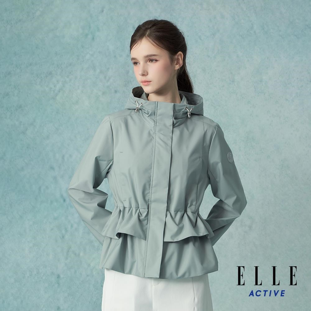 ELLE ACTIVE 荷葉層次設計防潑水連帽風衣外套-綠 EA25A1W610545
