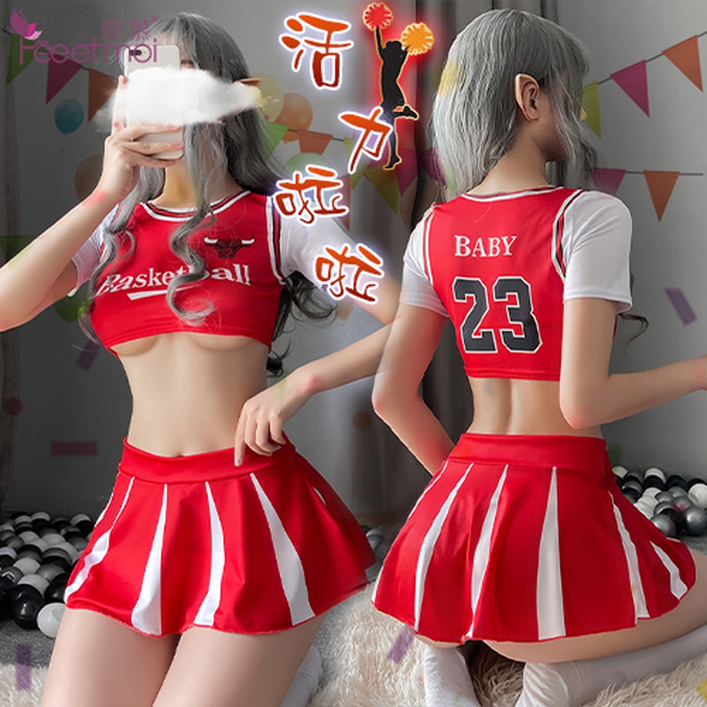 【悅樂坊】啦啦隊角色扮演服!包胸短上衣仿百褶短裙三件式套裝﹝紅白﹞