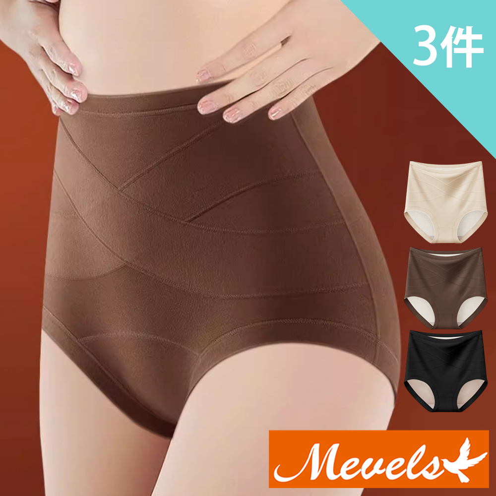Mevels 瑪薇絲 3件組 交叉保暖加絨蠶絲底高腰內褲/收腹內褲/塑身內褲/女內褲(L-2XL)