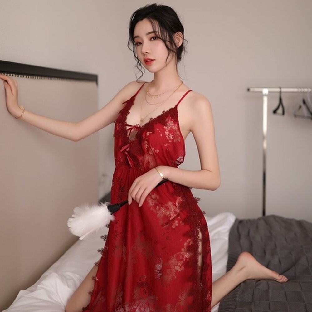 小女人 喚醒 裸背睫毛蕾絲性感薄紗睡衣透視睡裙側開叉-紅
