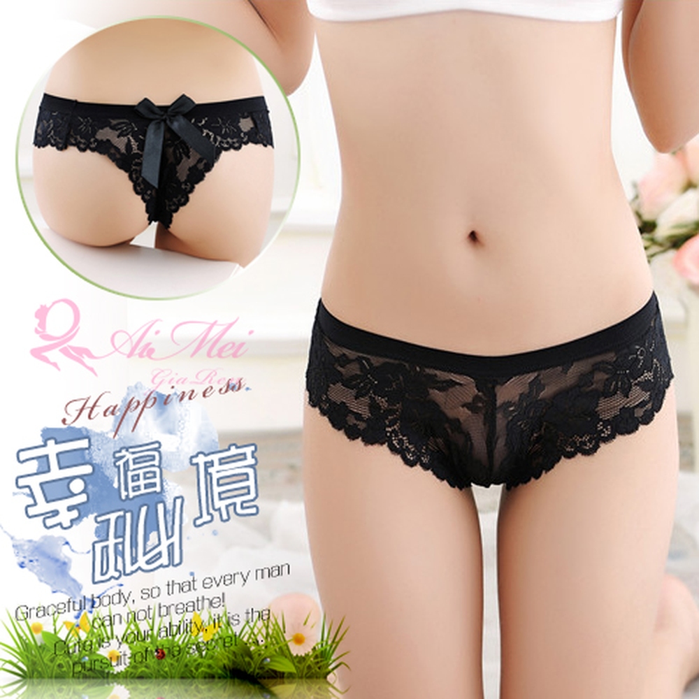【悅樂坊】幸福秘境！大蝴蝶結蕾絲花邊T字褲﹝黑﹞