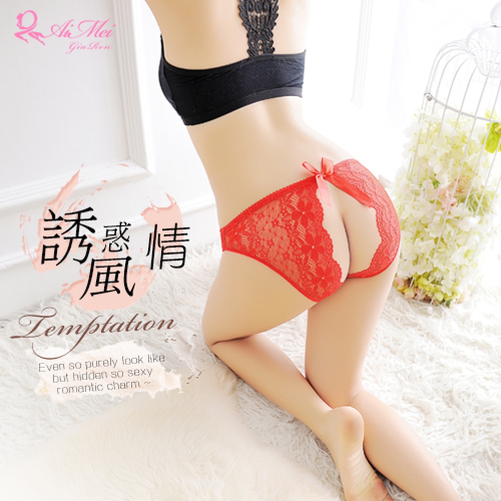 【悅樂坊】誘惑風情!花朵蕾絲蝴蝶結後開檔三角褲﹝紅﹞