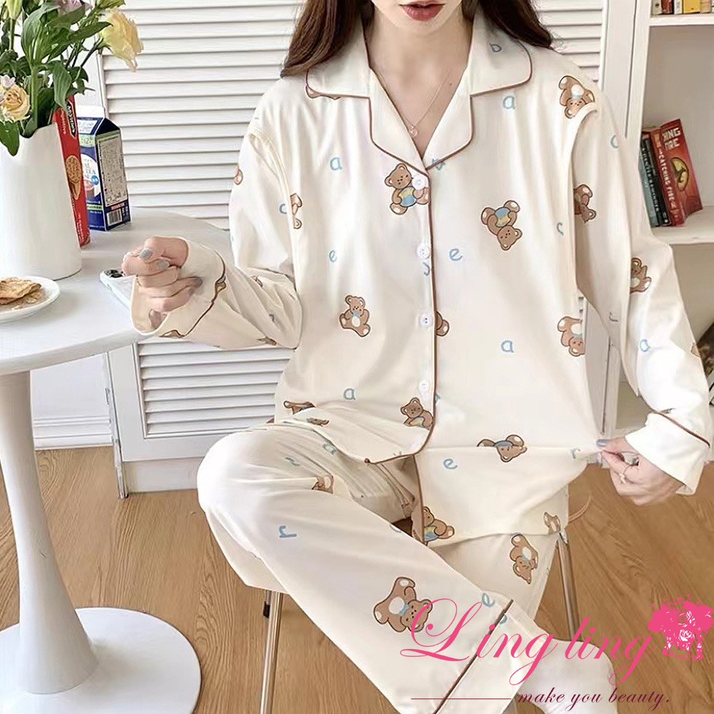 LINGLING A4394全尺碼-字母小熊側掀哺乳孕婦牛奶絲長袖睡衣+長褲成套組(米杏熊熊)