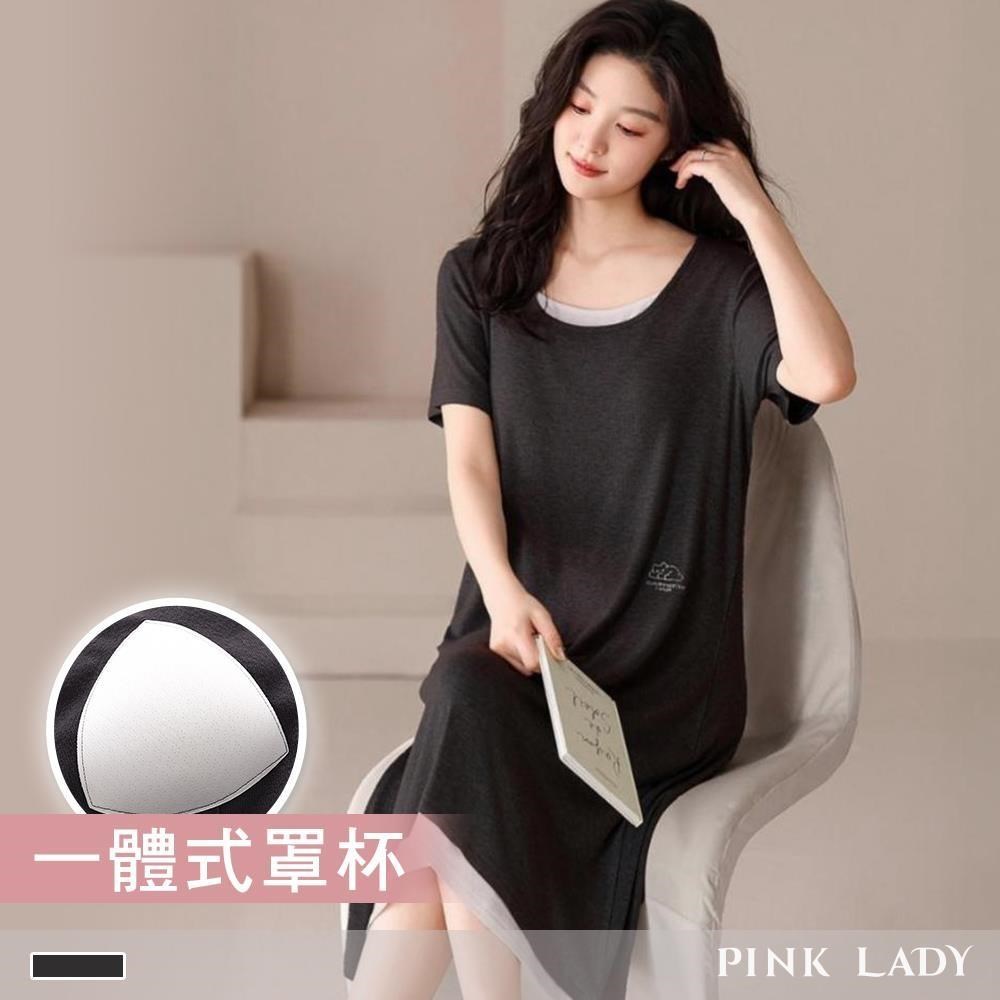 pink lady 任-罩杯式 連身睡裙 伶步貓語 撞色素色螺紋 (女睡衣/胸墊/春夏/印花)13139