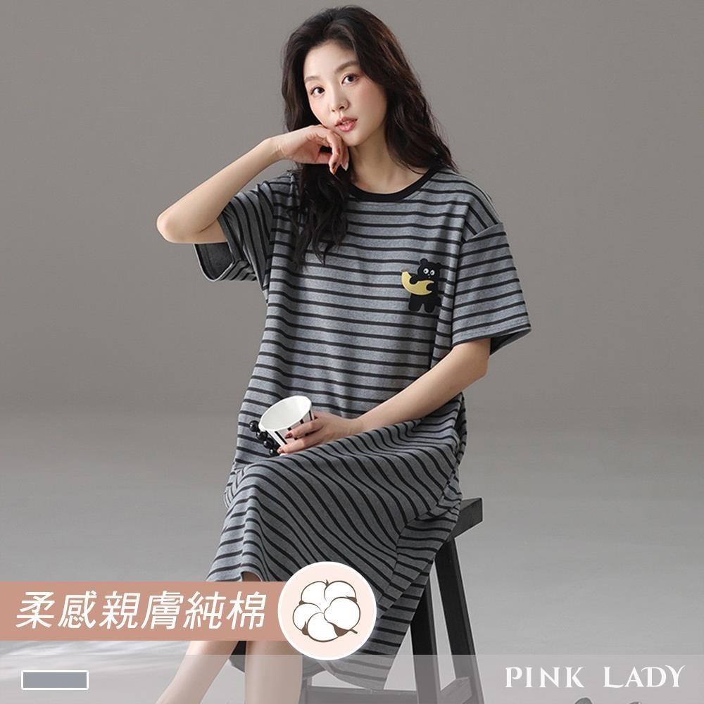pink lady 任-純棉連身睡裙 香蕉黑熊 短袖睡衣 居家服(女睡衣/條紋/連衣)55146