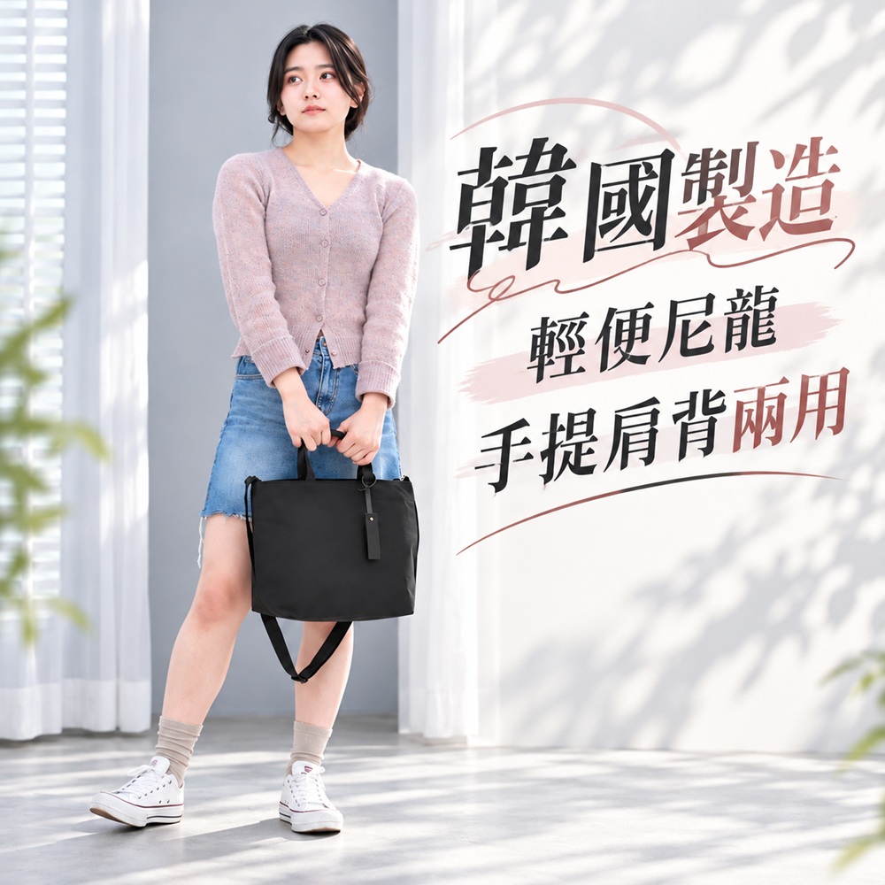 WHOSE BAG 韓國製輕量尼龍手提側背包 男女通用休閒肩背包 大容量通勤包 LF1125