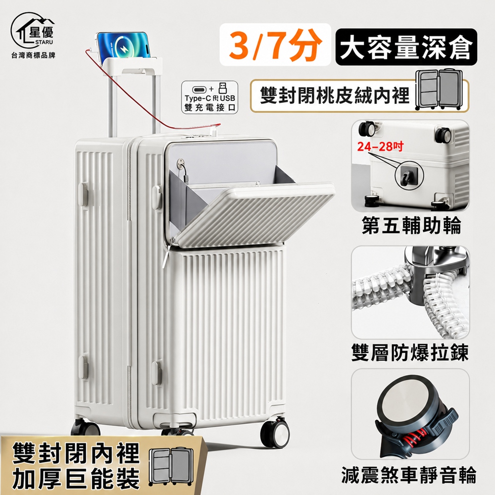 【匯昇閣】26吋行李箱 前開口行李箱 密碼鎖行李箱 多功能拉桿箱（站立式前倉 白色3/7分大容量）