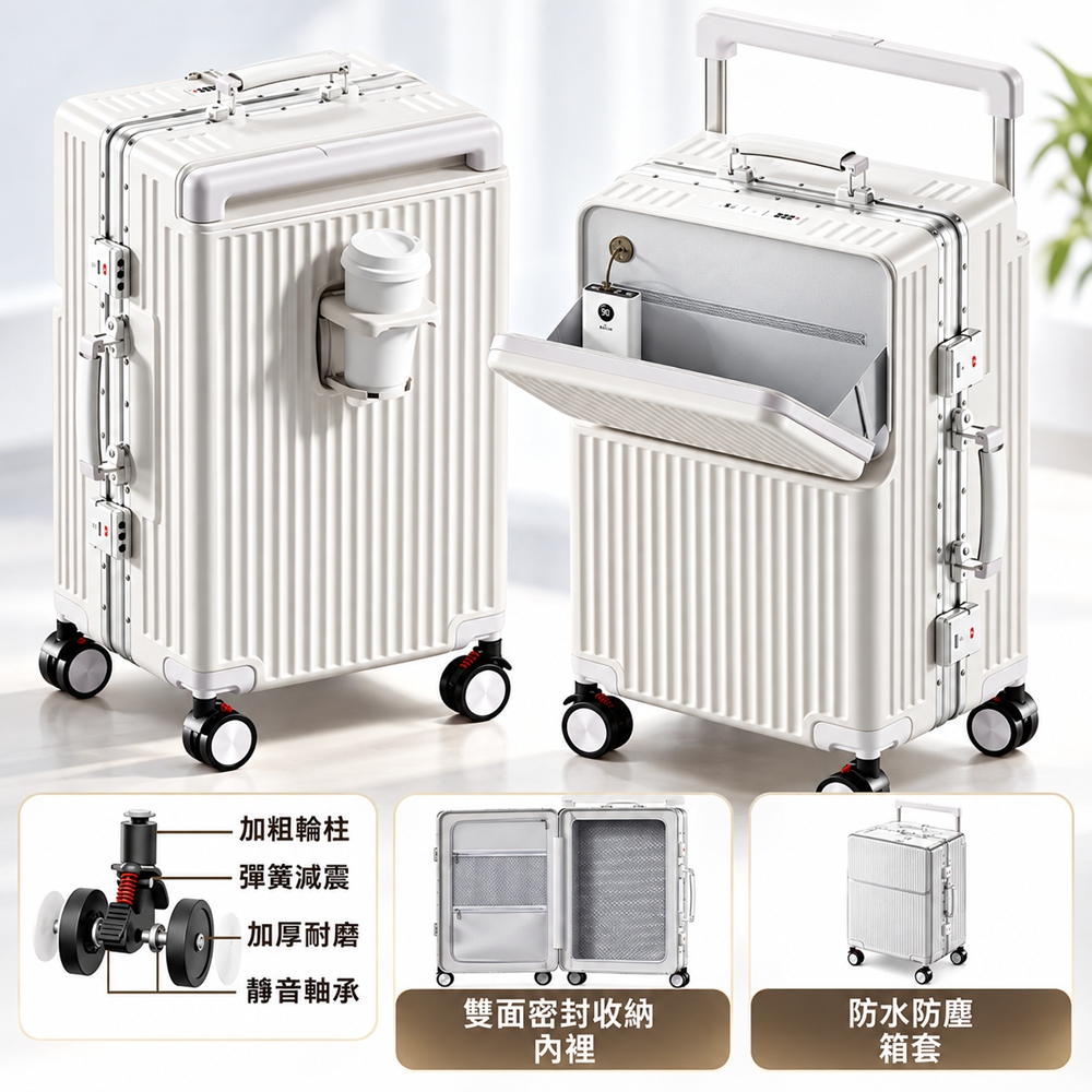 【設彩】寬拉桿鋁框行李箱 24寸合金鋁框行李箱 前置開口旅行箱 加厚耐用密碼箱(減震防撞 皮質把手)