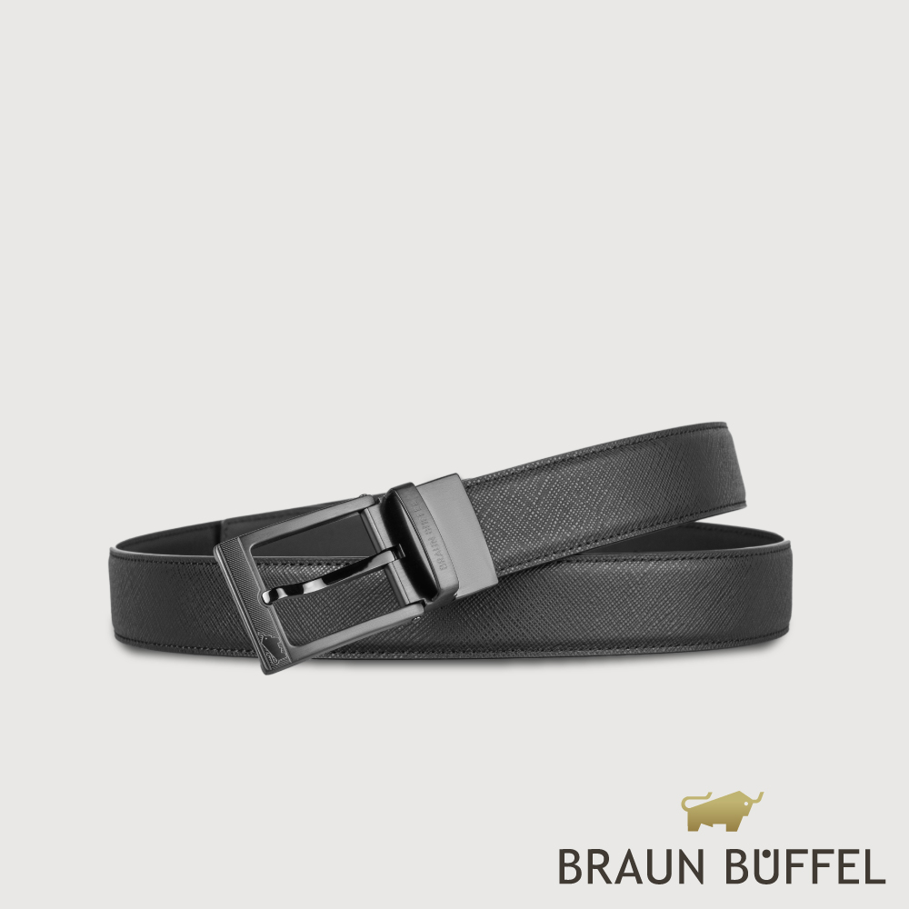 BRAUN BUFFEL 德國小金牛 台灣總代理 商務型 Logo鐫刻釦頭穿針式皮帶-鎗色/BF24B-WEG04940-SGU