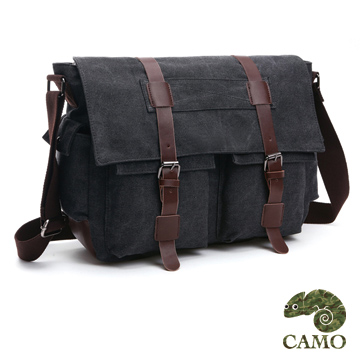 【品樂．CAMO】文藝風多口袋斜背帆布包(黑色)