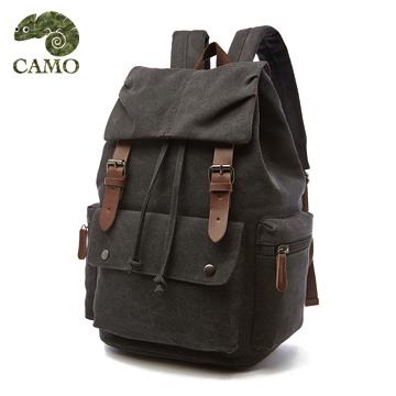 【品樂．CAMO】韓版帆布學院風旅行後背包（可放15吋電腦／黑色)