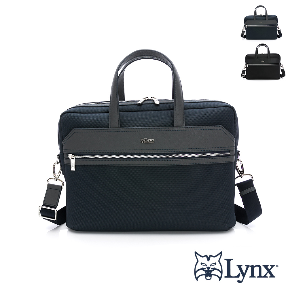 Lynx 山貓 美國山貓進口十字紋牛皮搭配牛津布電腦公事包(中)-共2色