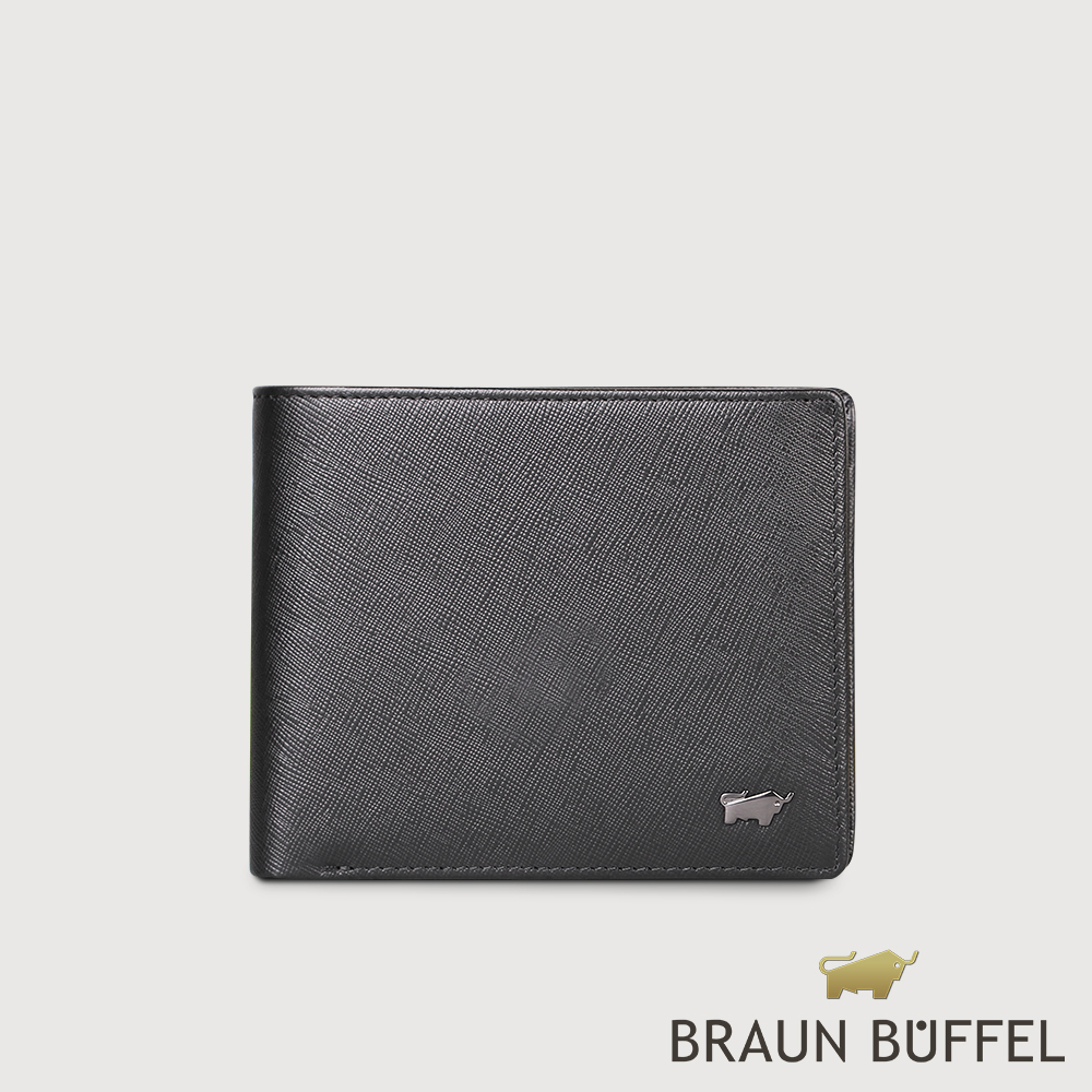 BRAUN BUFFEL 德國小金牛 台灣總代理 至尊 8卡中間翻零錢袋短夾-黑色/BF536-318-BK